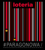 paski w kolorze czerwonym, białym i siwym biegnące z góry na dół i napis loteria paragonowa